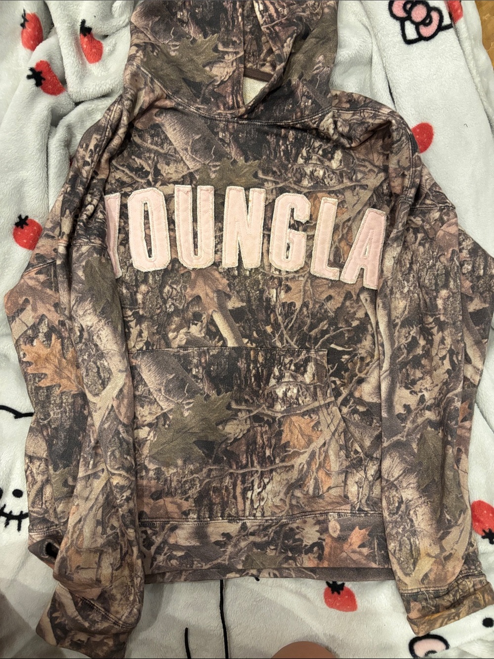 YoungLA Camo Hoodie with Pale Pink Embroidered Logo